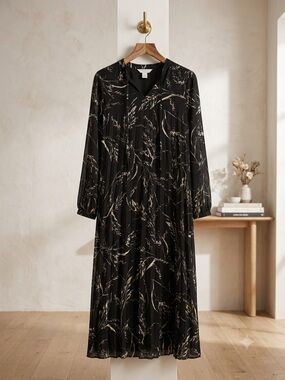 H&M Black Midi Dress with Cream Botanical Print